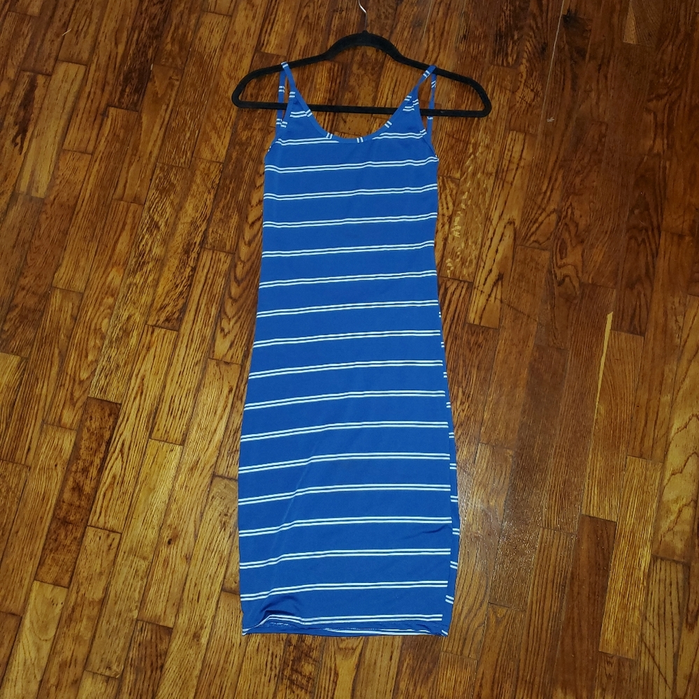 Blue and white striped backless dress. (S)
